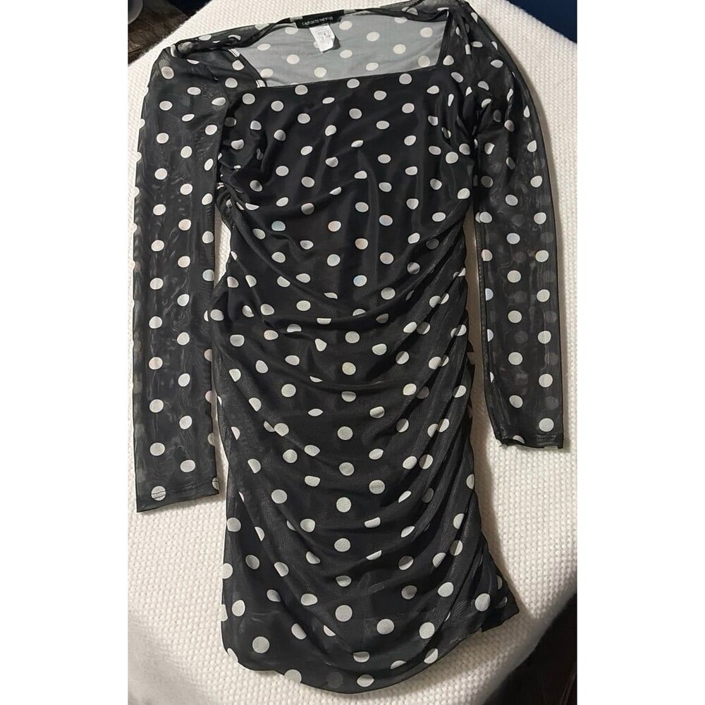 Black White Polka Dot Sheer Long Sleeve Draped Top Dress Size S